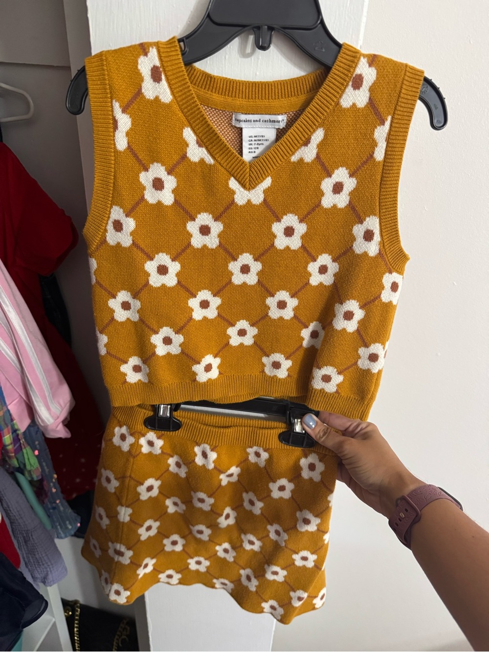Mustard Floral Knit Two-Piece Set Skirt and Vest Combo